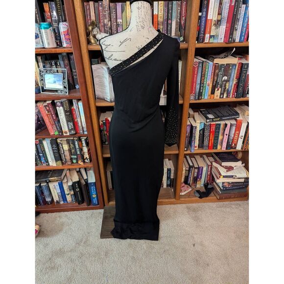 Halston Women’s Black Maxi Dress One Shoulder Sequin Trim Size 10 Eveningwear - Picture 2 of 6